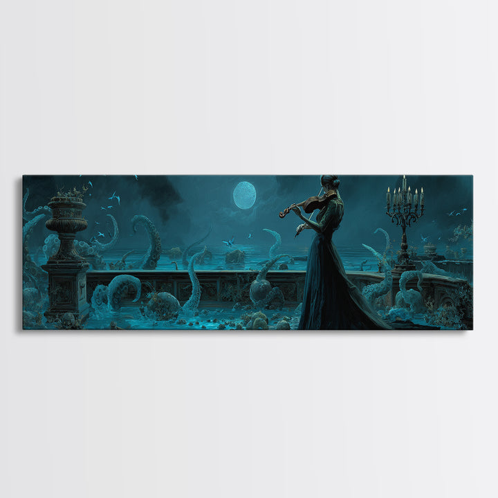 The Violinist Of The Drowned Moon, Extra Wide Wall Art, Haunted Gothic Art, Framed Canvas Print, Halloween Wall Decor, Gothic Home Decor