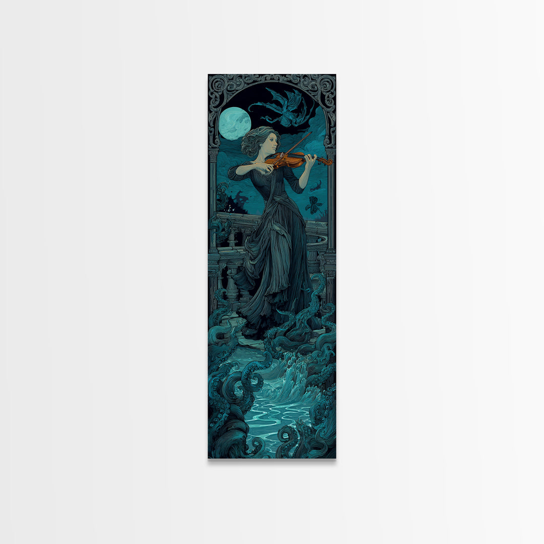 The Violinist Of The Drowned Moon, Tall Narrow Wall Art, Spooky Home Decor, Canvas Print, Halloween Wall Decor, Gothic Home Decor
