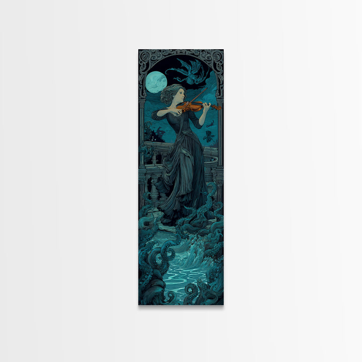 The Violinist Of The Drowned Moon, Tall Narrow Wall Art, Spooky Home Decor, Canvas Print, Halloween Wall Decor, Gothic Home Decor