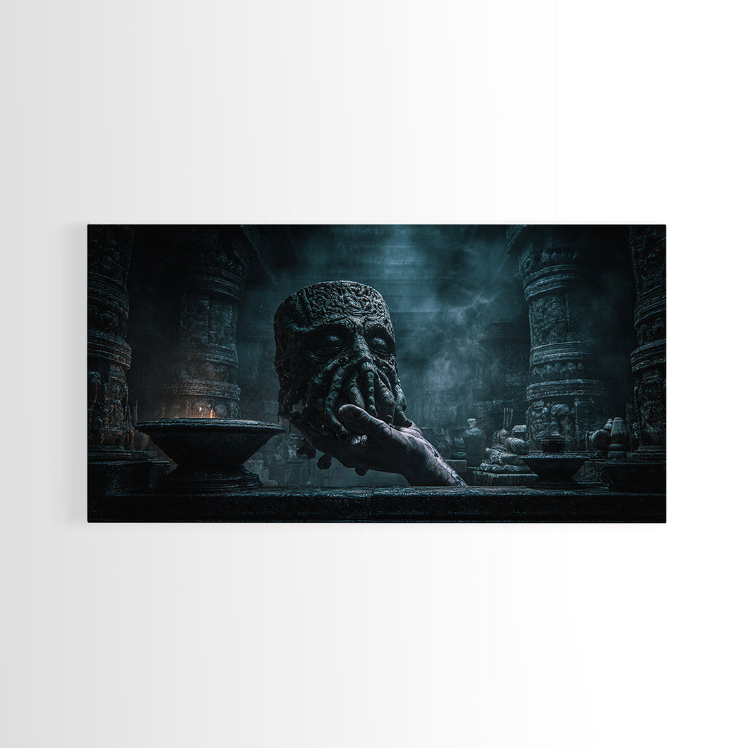 The Mask Of The Crawling God, Wide Panoramic Art, Lovecraftian Horror Art, Canvas Print, Halloween Wall Decor, Gothic Home Decor