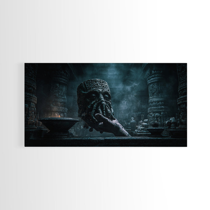 The Mask Of The Crawling God, Wide Panoramic Art, Lovecraftian Horror Art, Canvas Print, Halloween Wall Decor, Gothic Home Decor