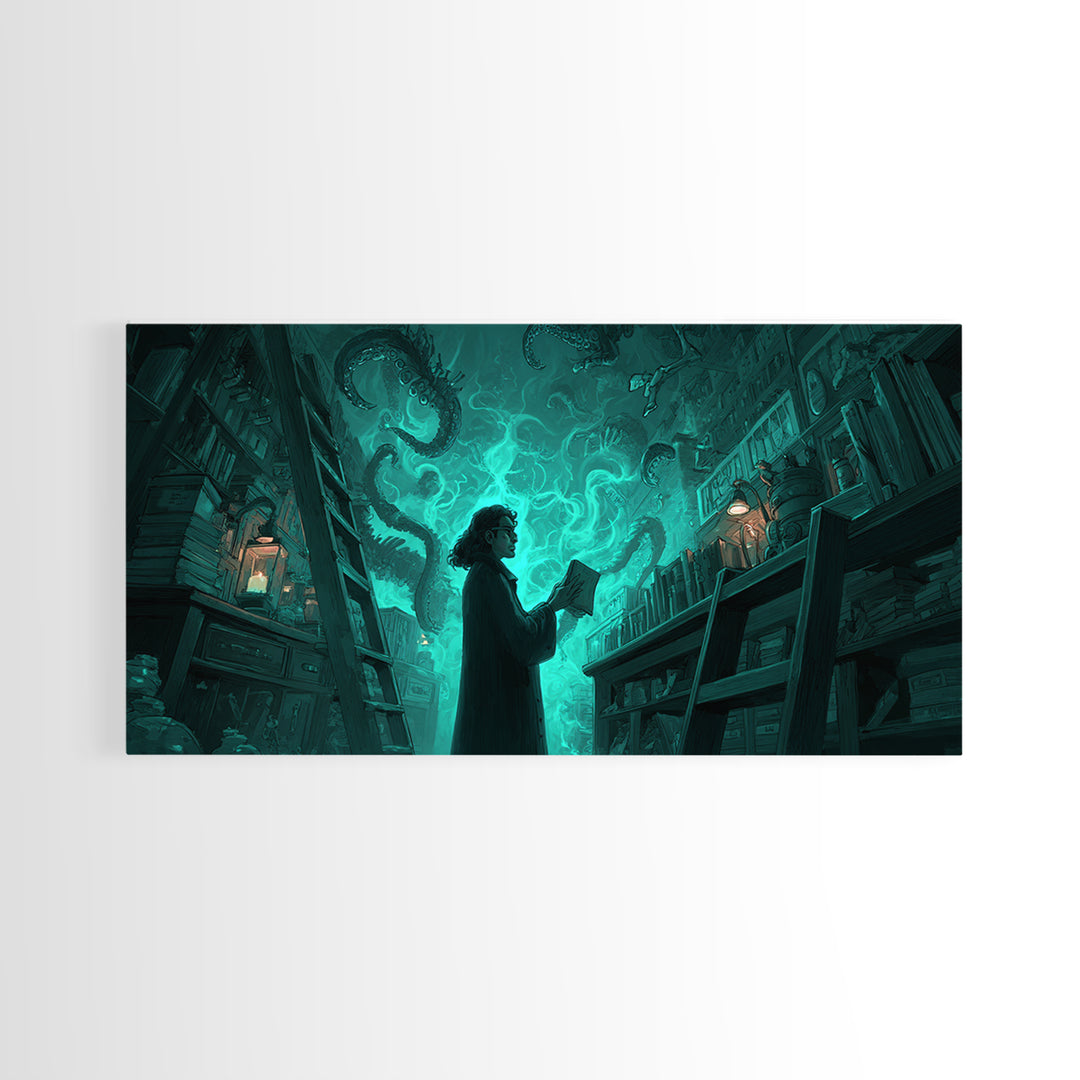 The Archivist Of Dreaming Bones, Wide Panoramic Art, Gothic Horror Wall Art, Framed Canvas Print, Halloween Wall Decor, Gothic Home Decor