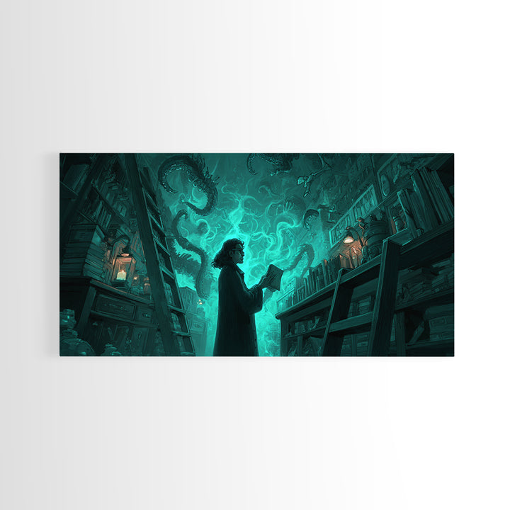 The Archivist Of Dreaming Bones, Wide Panoramic Art, Gothic Horror Wall Art, Framed Canvas Print, Halloween Wall Decor, Gothic Home Decor