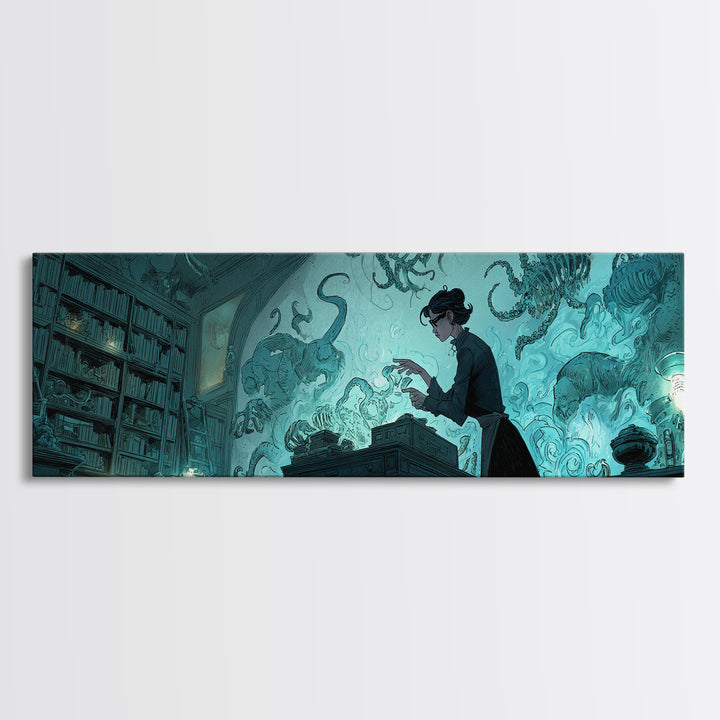 The Archivist Of Dreaming Bones, Extra Wide Wall Art, Dark Fantasy Wall Art, Canvas Print, Halloween Wall Decor, Gothic Home Decor