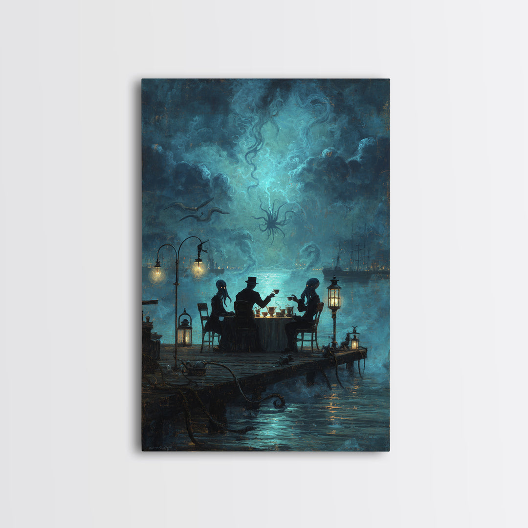 The Tea Party At Innsmouth Pier, Vertical Wall Art, Gothic Horror Wall Art, Canvas Print, Halloween Wall Decor, Gothic Home Decor