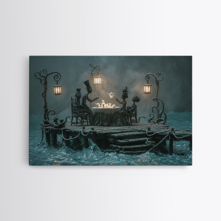 The Tea Party At Innsmouth Pier, Landscape Wall Art, Spooky Home Decor, Framed Canvas Print, Halloween Wall Decor, Gothic Home Decor