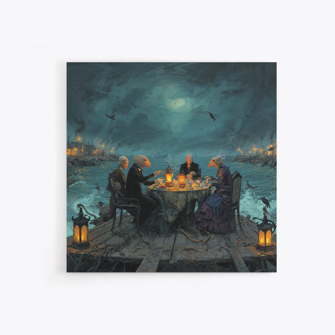 The Tea Party At Innsmouth Pier, Square Wall Art, Lovecraftian Horror Art, Framed Canvas Print, Halloween Wall Decor, Gothic Home Decor