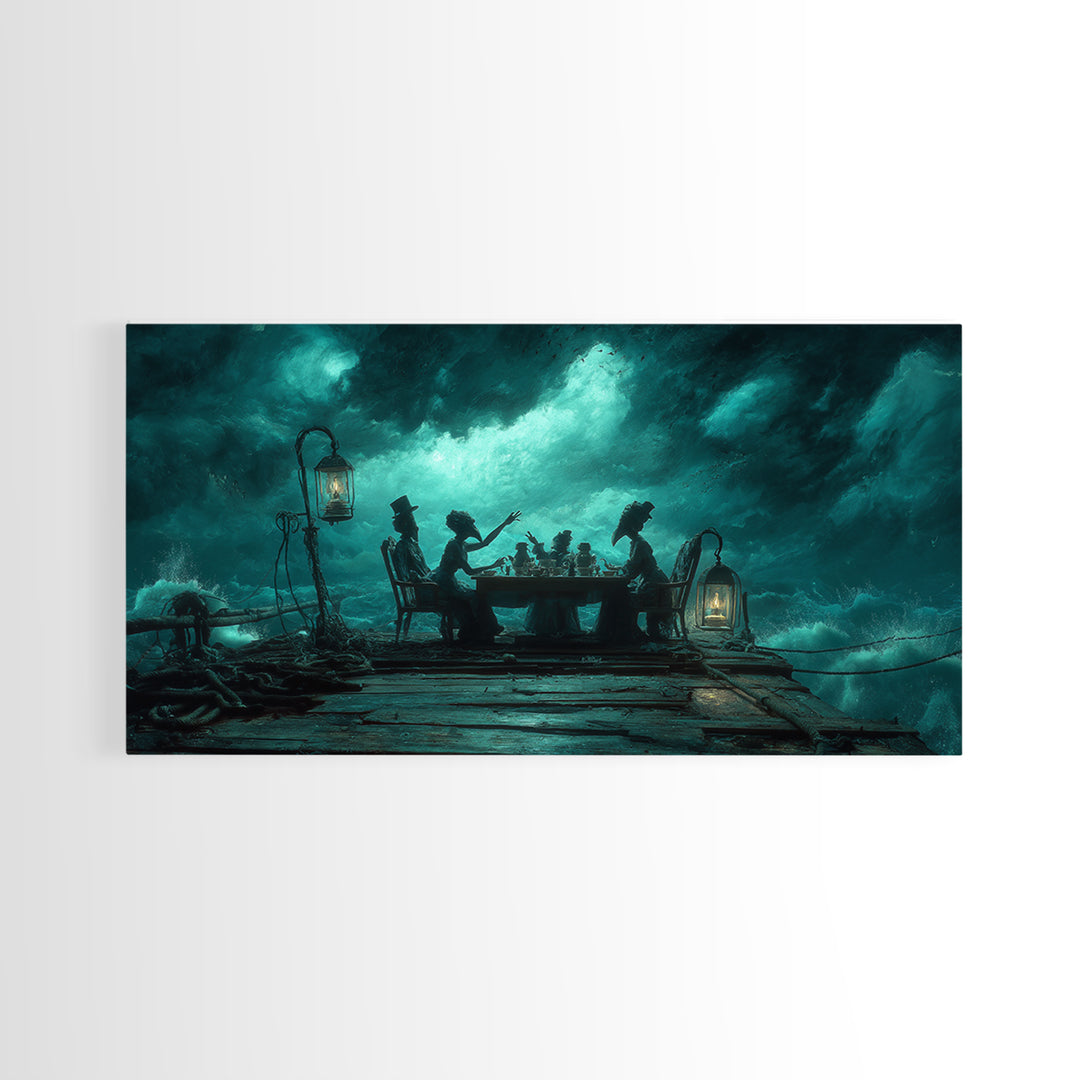 The Tea Party At Innsmouth Pier, Wide Panoramic Art, Haunted Gothic Art, Framed Canvas Print, Halloween Wall Decor, Gothic Home Decor