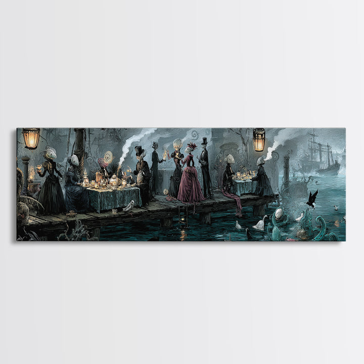 The Tea Party At Innsmouth Pier, Extra Wide Wall Art, Gothic Horror Wall Art, Framed Canvas Print, Halloween Wall Decor, Gothic Home Decor