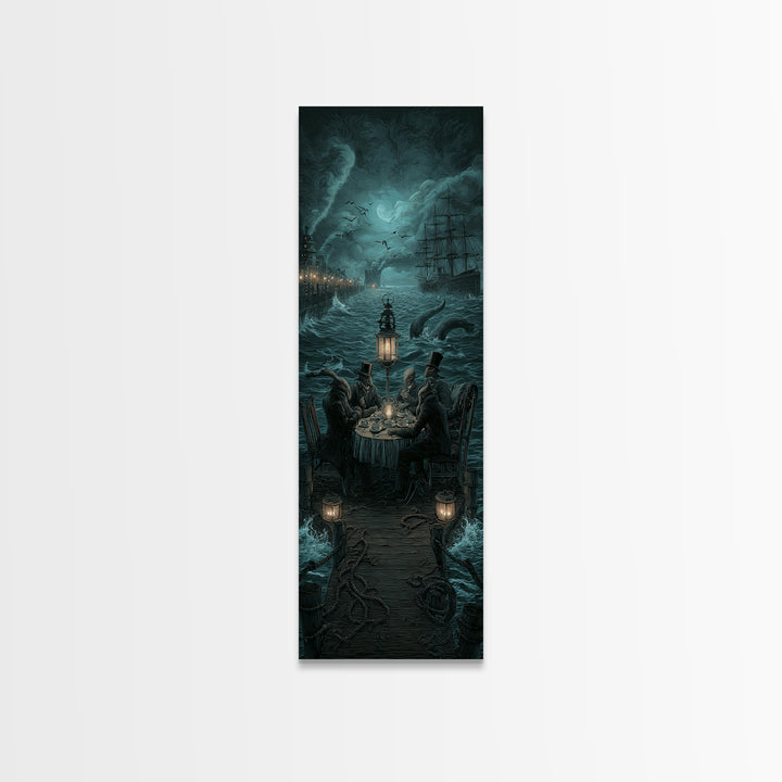 The Tea Party At Innsmouth Pier, Tall Narrow Wall Art, Dark Halloween Decor, Canvas Print, Halloween Wall Decor, Gothic Home Decor
