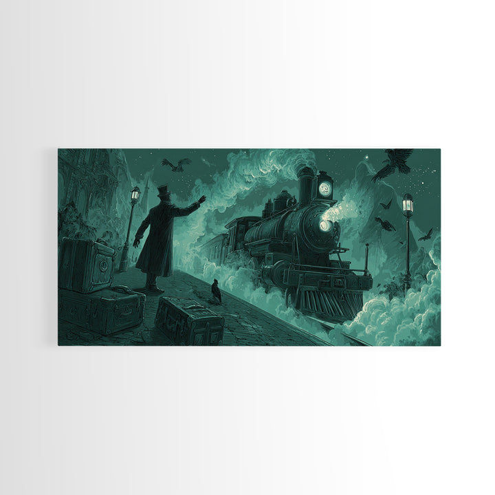 The Phantom Train To Kadath, Wide Panoramic Art, Macabre Wall Art, Framed Canvas Print, Halloween Wall Decor, Gothic Home Decor
