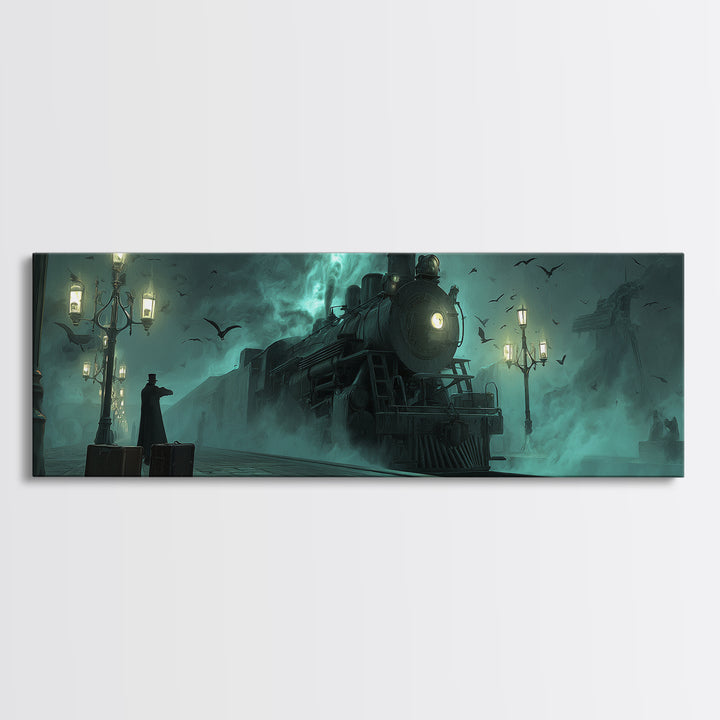 The Phantom Train To Kadath, Extra Wide Wall Art, Eldritch Gothic Decor, Canvas Print, Halloween Wall Decor, Gothic Home Decor