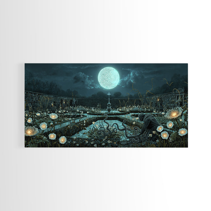 The Garden Of The Eyeless Moon, Wide Panoramic Art, Gothic Horror Wall Art, Canvas Print, Halloween Wall Decor, Gothic Home Decor