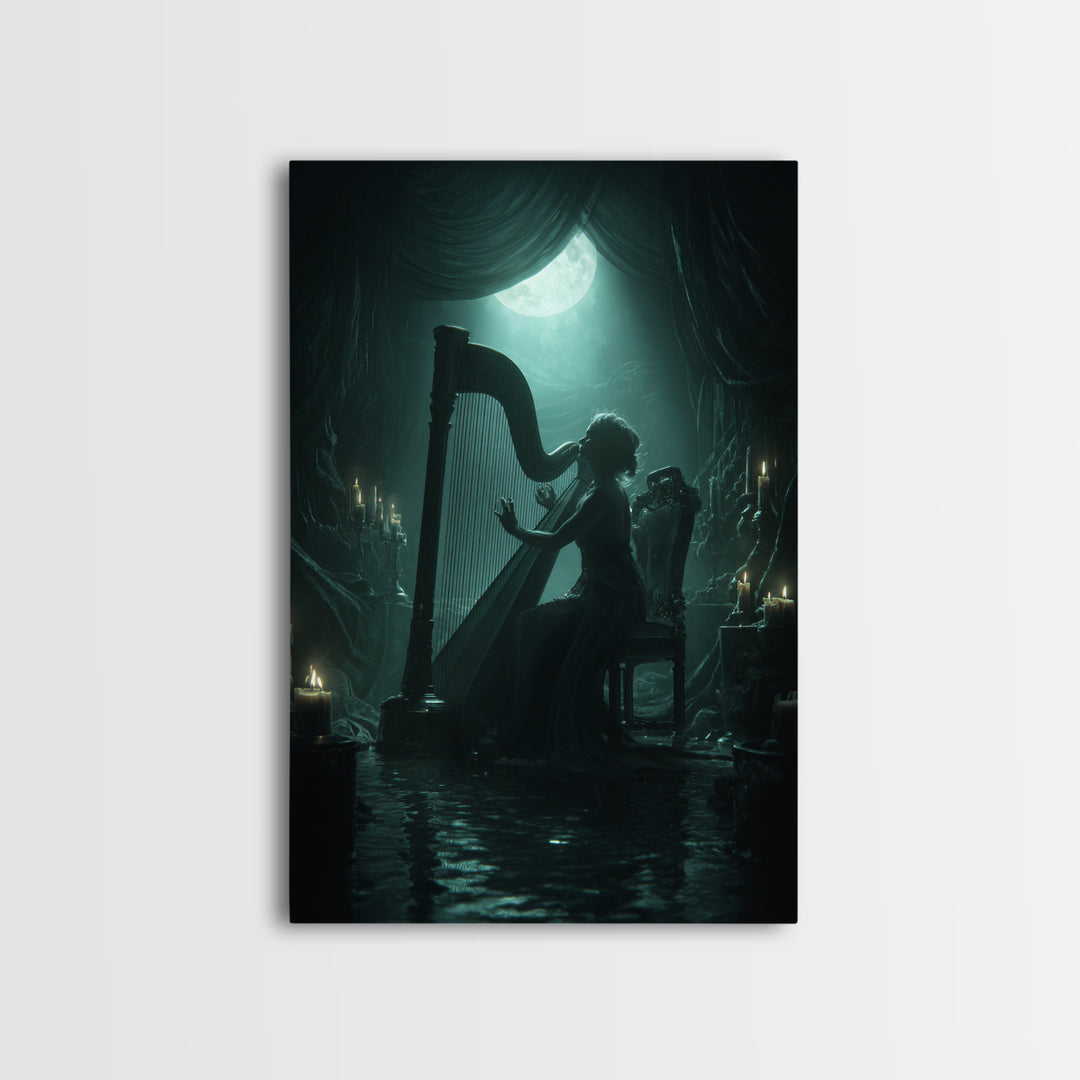 The Harpist Of Abyssal Sleep, Vertical Wall Art, Haunted Gothic Art, Canvas Print, Halloween Wall Decor, Gothic Home Decor