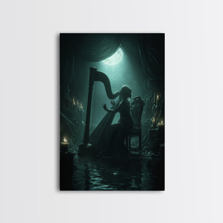 The Harpist Of Abyssal Sleep, Vertical Wall Art, Haunted Gothic Art, Canvas Print, Halloween Wall Decor, Gothic Home Decor