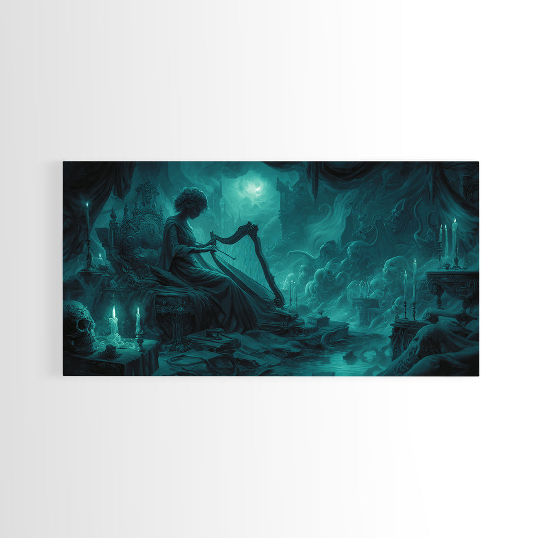 The Harpist Of Abyssal Sleep, Wide Panoramic Art, Lovecraftian Horror Art, Framed Canvas Print, Halloween Wall Decor, Gothic Home Decor