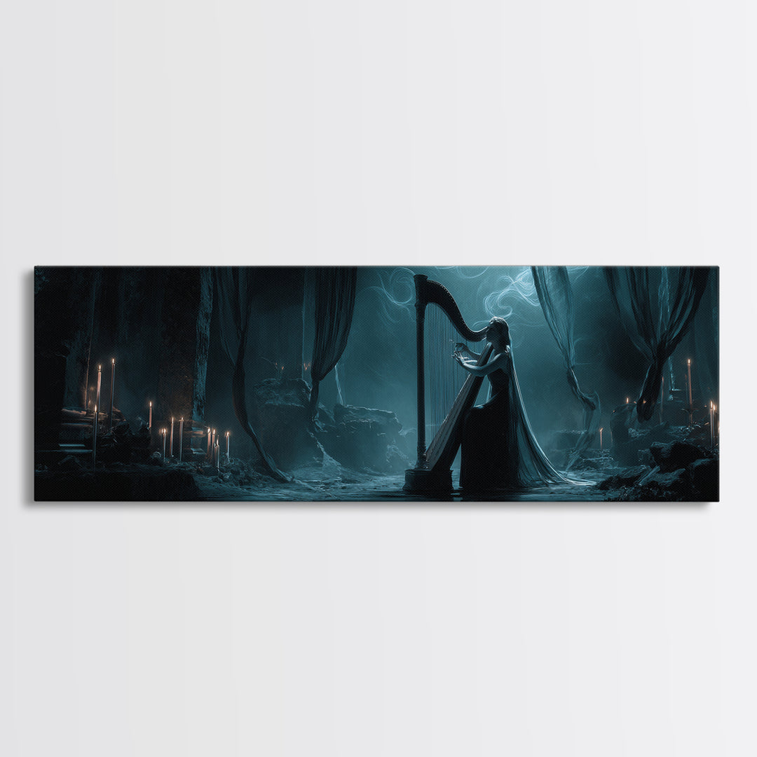The Harpist Of Abyssal Sleep, Extra Wide Wall Art, Dark Fantasy Wall Art, Canvas Print, Halloween Wall Decor, Gothic Home Decor