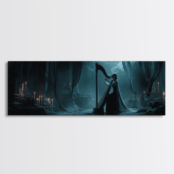 The Harpist Of Abyssal Sleep, Extra Wide Wall Art, Dark Fantasy Wall Art, Canvas Print, Halloween Wall Decor, Gothic Home Decor