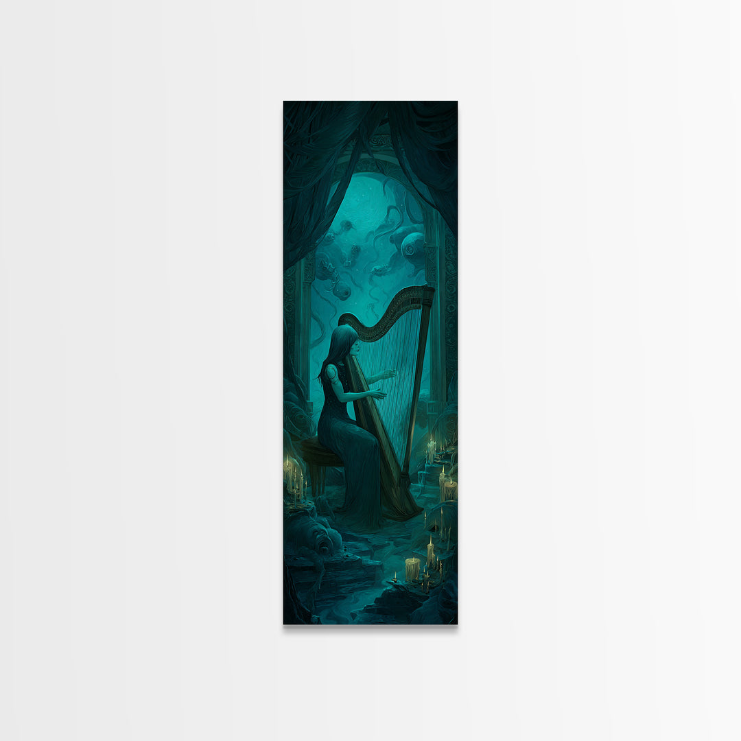 The Harpist Of Abyssal Sleep, Tall Narrow Wall Art, Dark Halloween Decor, Framed Canvas Print, Halloween Wall Decor, Gothic Home Decor