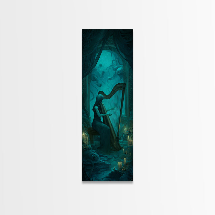 The Harpist Of Abyssal Sleep, Tall Narrow Wall Art, Dark Halloween Decor, Framed Canvas Print, Halloween Wall Decor, Gothic Home Decor