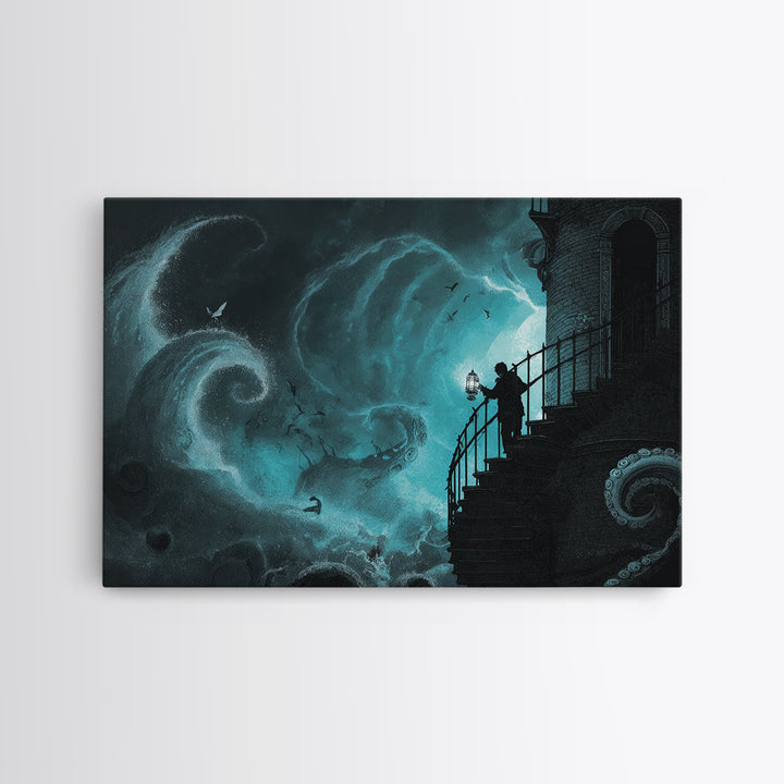 The Last Lighthouse Of Y’Ha-Nthlei, Landscape Wall Art, Macabre Wall Art, Framed Canvas Print, Halloween Wall Decor, Gothic Home Decor