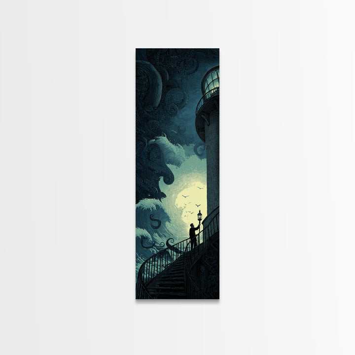The Last Lighthouse Of Y’Ha-Nthlei, Tall Narrow Wall Art, Dark Fantasy Wall Art, Canvas Print, Halloween Wall Decor, Gothic Home Decor