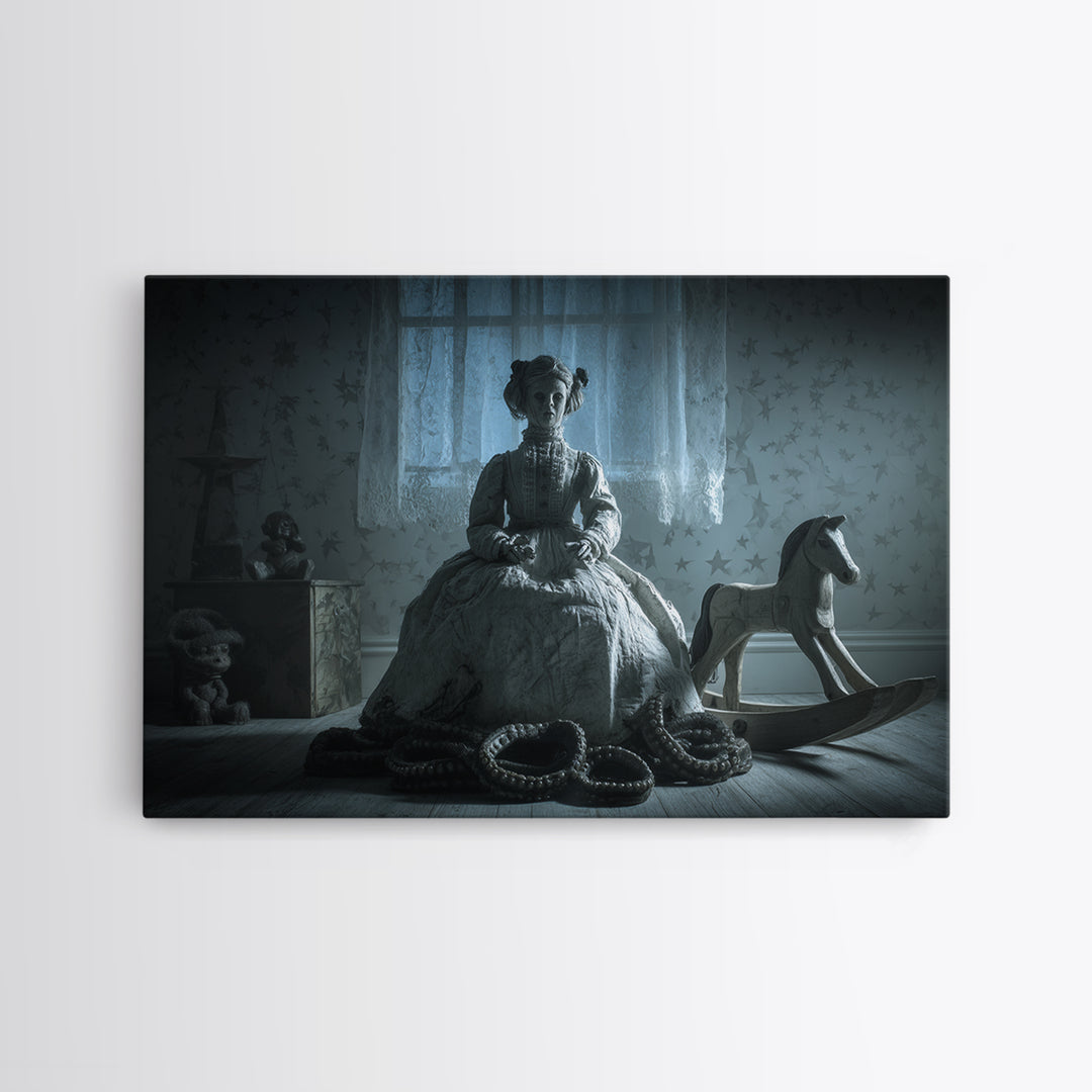 The Doll From Beyond The Void, Landscape Wall Art, Eldritch Gothic Decor, Framed Canvas Print, Halloween Wall Decor, Gothic Home Decor