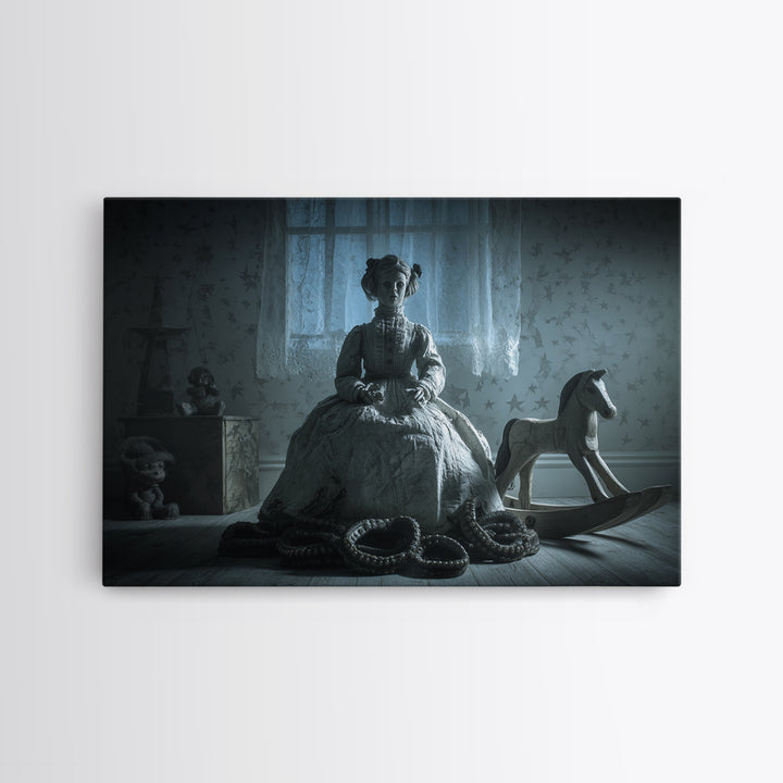 The Doll From Beyond The Void, Landscape Wall Art, Eldritch Gothic Decor, Framed Canvas Print, Halloween Wall Decor, Gothic Home Decor
