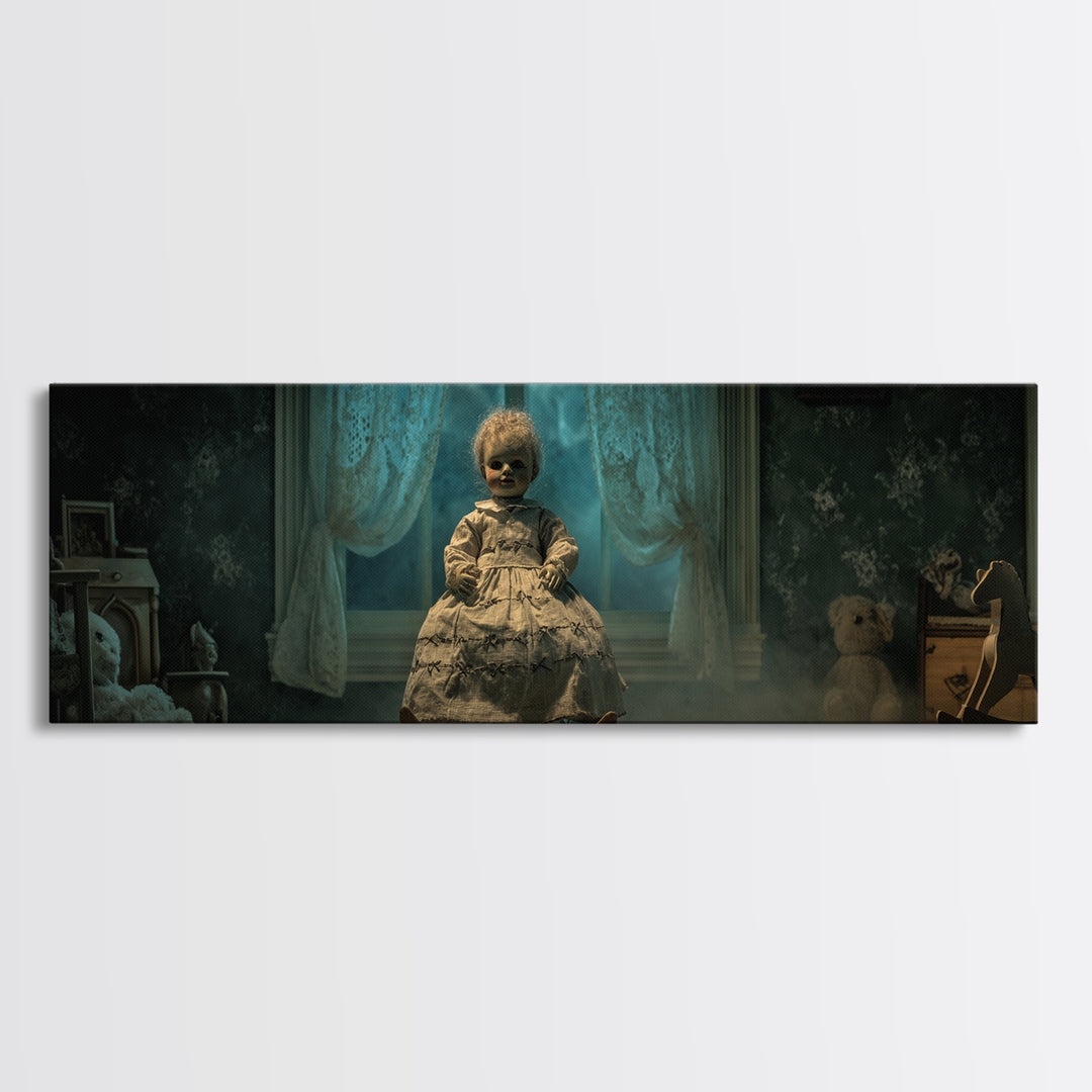 The Doll From Beyond The Void, Extra Wide Wall Art, Spooky Home Decor, Framed Canvas Print, Halloween Wall Decor, Gothic Home Decor