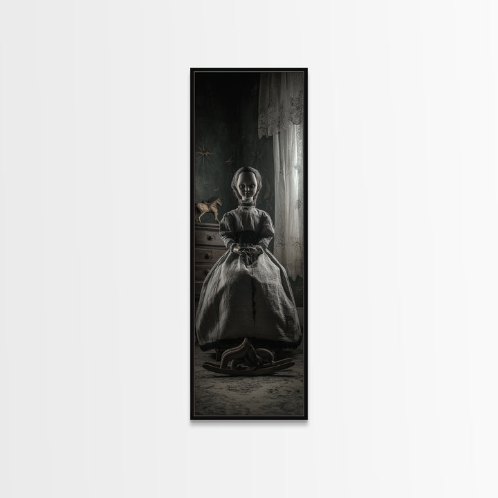 The Doll From Beyond The Void, Tall Narrow Wall Art, Lovecraftian Horror Art, Framed Canvas Print, Halloween Wall Decor, Gothic Home Decor