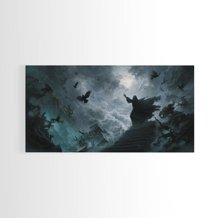 The Raven Sermon Of Leng, Wide Panoramic Art, Lovecraftian Horror Art, Canvas Print, Halloween Wall Decor, Gothic Home Decor