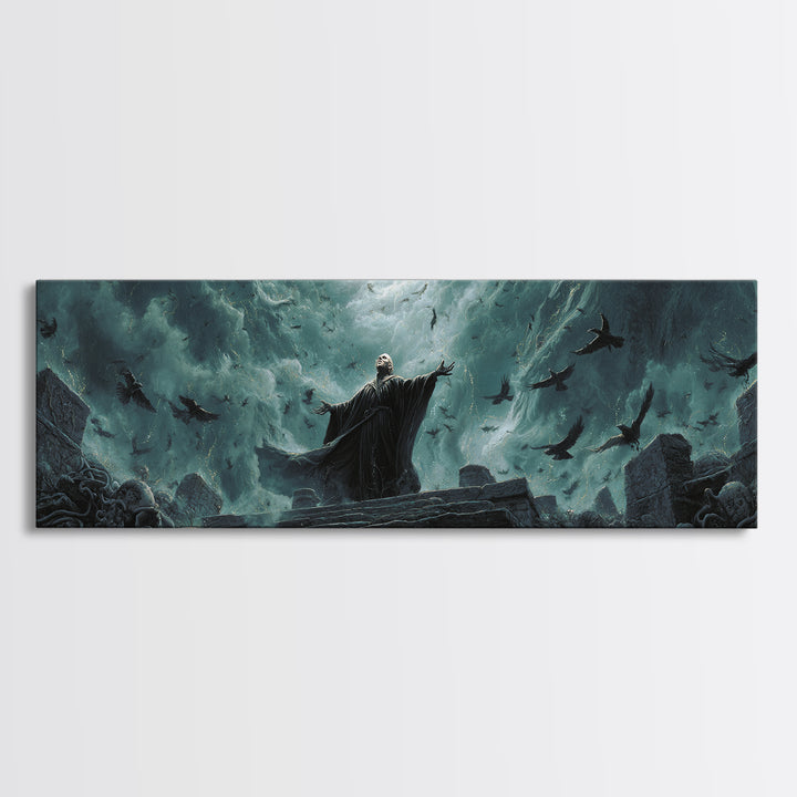 The Raven Sermon Of Leng, Extra Wide Wall Art, Cosmic Horror Wall Art, Framed Canvas Print, Halloween Wall Decor, Gothic Home Decor
