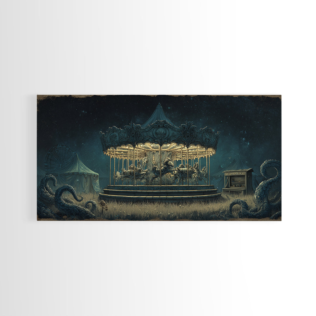 The Carousel Of Sleeping Planets, Wide Panoramic Art, Lovecraftian Horror Art, Canvas Print, Halloween Wall Decor, Gothic Home Decor