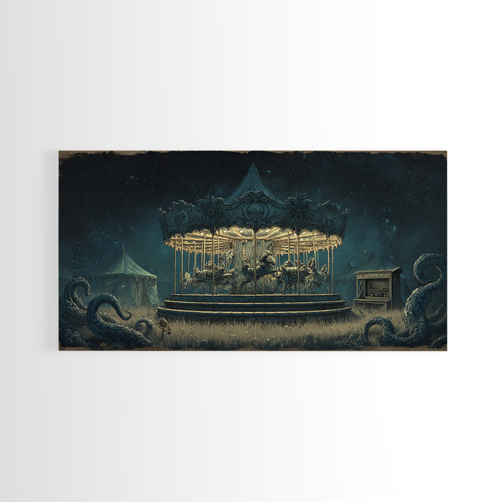 The Carousel Of Sleeping Planets, Wide Panoramic Art, Lovecraftian Horror Art, Canvas Print, Halloween Wall Decor, Gothic Home Decor