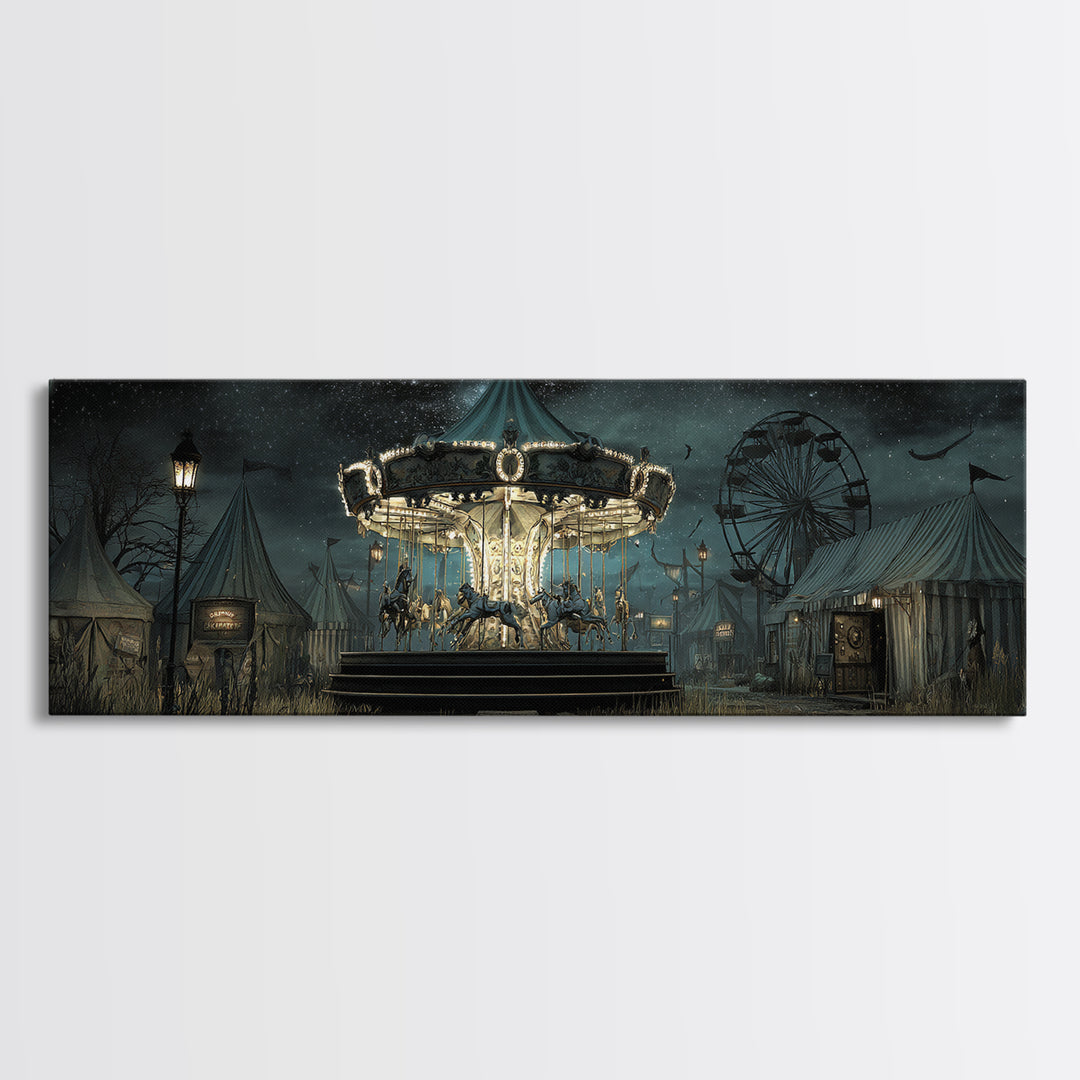 The Carousel Of Sleeping Planets, Extra Wide Wall Art, Haunted Gothic Art, Canvas Print, Halloween Wall Decor, Gothic Home Decor