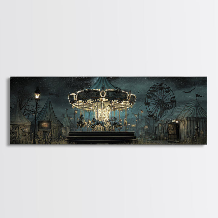 The Carousel Of Sleeping Planets, Extra Wide Wall Art, Haunted Gothic Art, Canvas Print, Halloween Wall Decor, Gothic Home Decor
