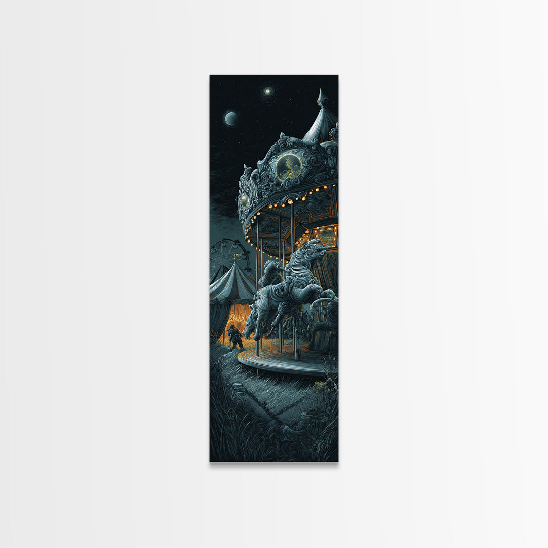 The Carousel Of Sleeping Planets, Tall Narrow Wall Art, Eldritch Gothic Decor, Framed Canvas Print, Halloween Wall Decor, Gothic Home Decor