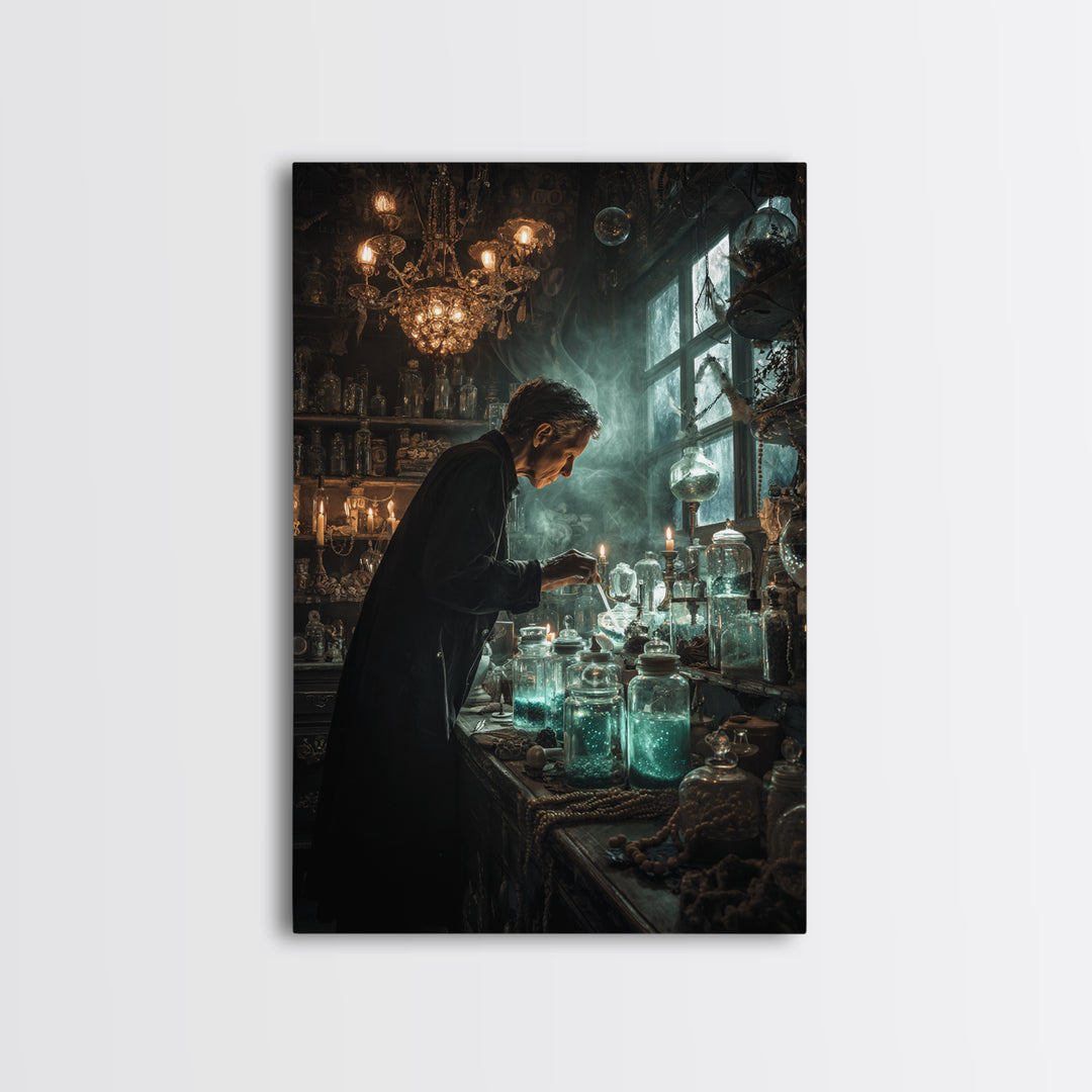 The Apothecary Of Black Seashell Dreams, Vertical Wall Art, Haunted Gothic Art, Framed Canvas Print, Halloween Wall Decor, Gothic Home Decor