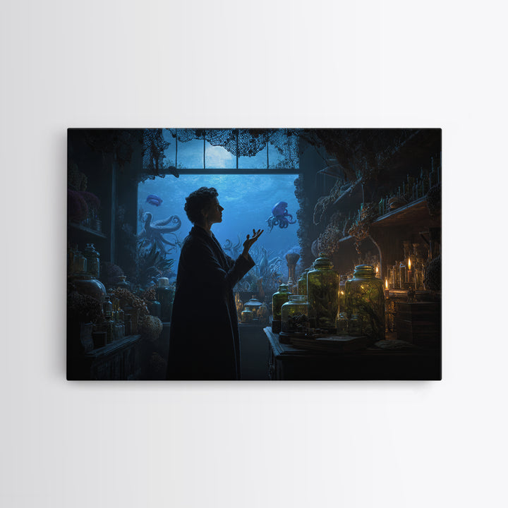 The Apothecary Of Black Seashell Dreams, Landscape Wall Art, Eldritch Gothic Decor, Framed Canvas Print, Halloween Wall Decor