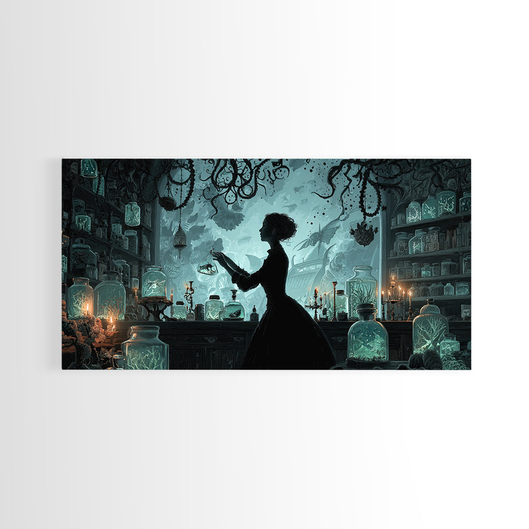 The Apothecary Of Black Seashell Dreams, Wide Panoramic Art, Cosmic Horror Wall Art, Canvas Print, Halloween Wall Decor, Gothic Home Decor