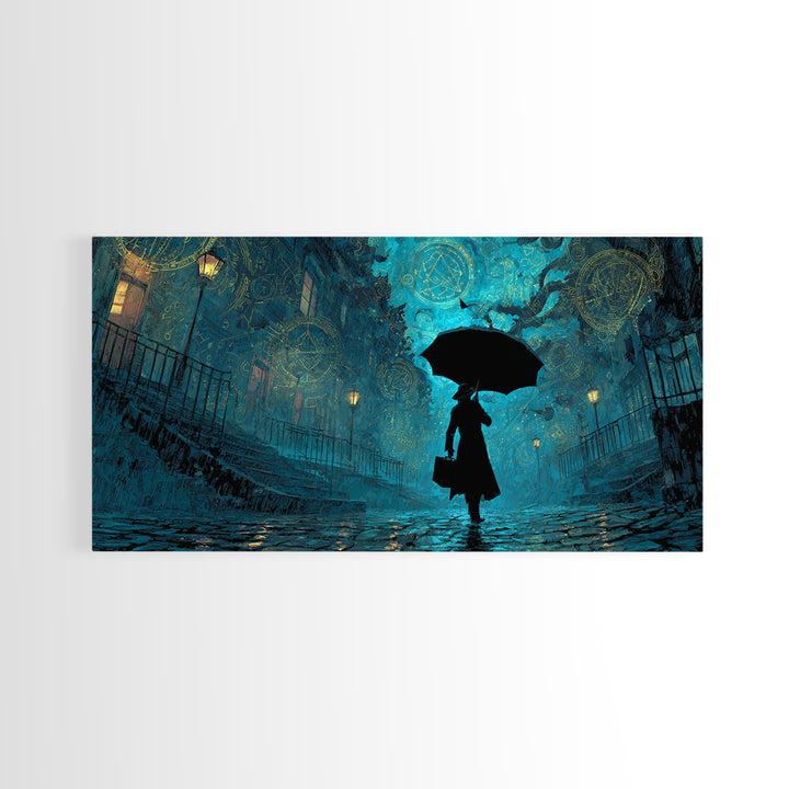 The Umbrella Of The Outer Rain, Wide Panoramic Art, Haunted Gothic Art, Framed Canvas Print, Halloween Wall Decor, Gothic Home Decor