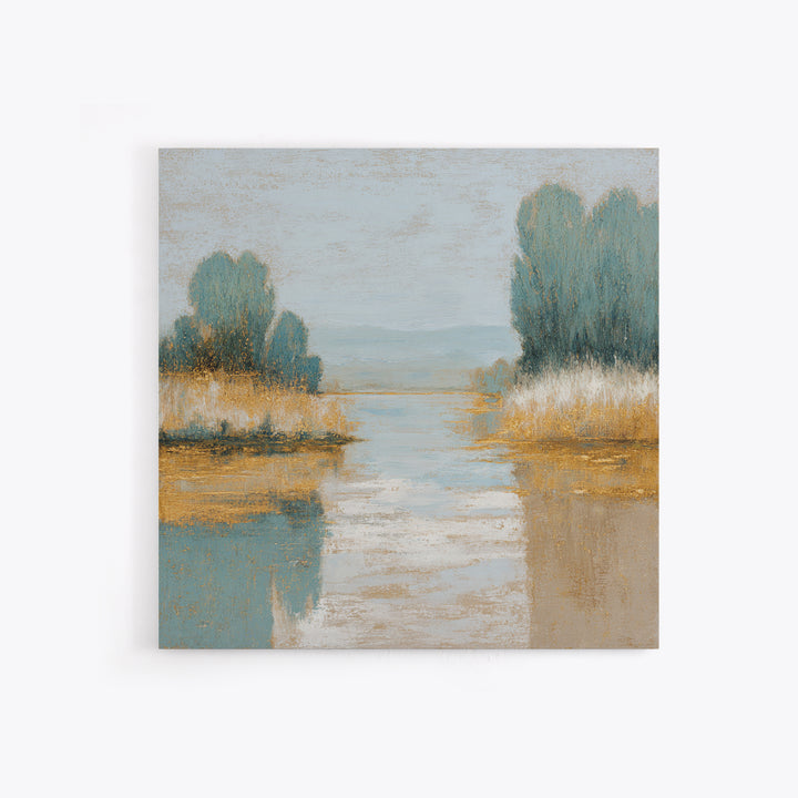 Sunlit Lake with Calming Reflections Framed Canvas Print, Dental Office Art, Dental Gift, Office Decor, Oil Painting, Calm, DOA-1x1-63