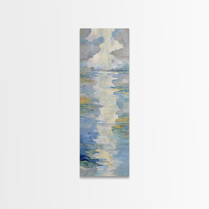 Sunlit Lake with Calming Reflections Framed Canvas Print, Dental Office Art, Wall Art, Office Decor, Oil Painting, Calm, DOA-1x3-75