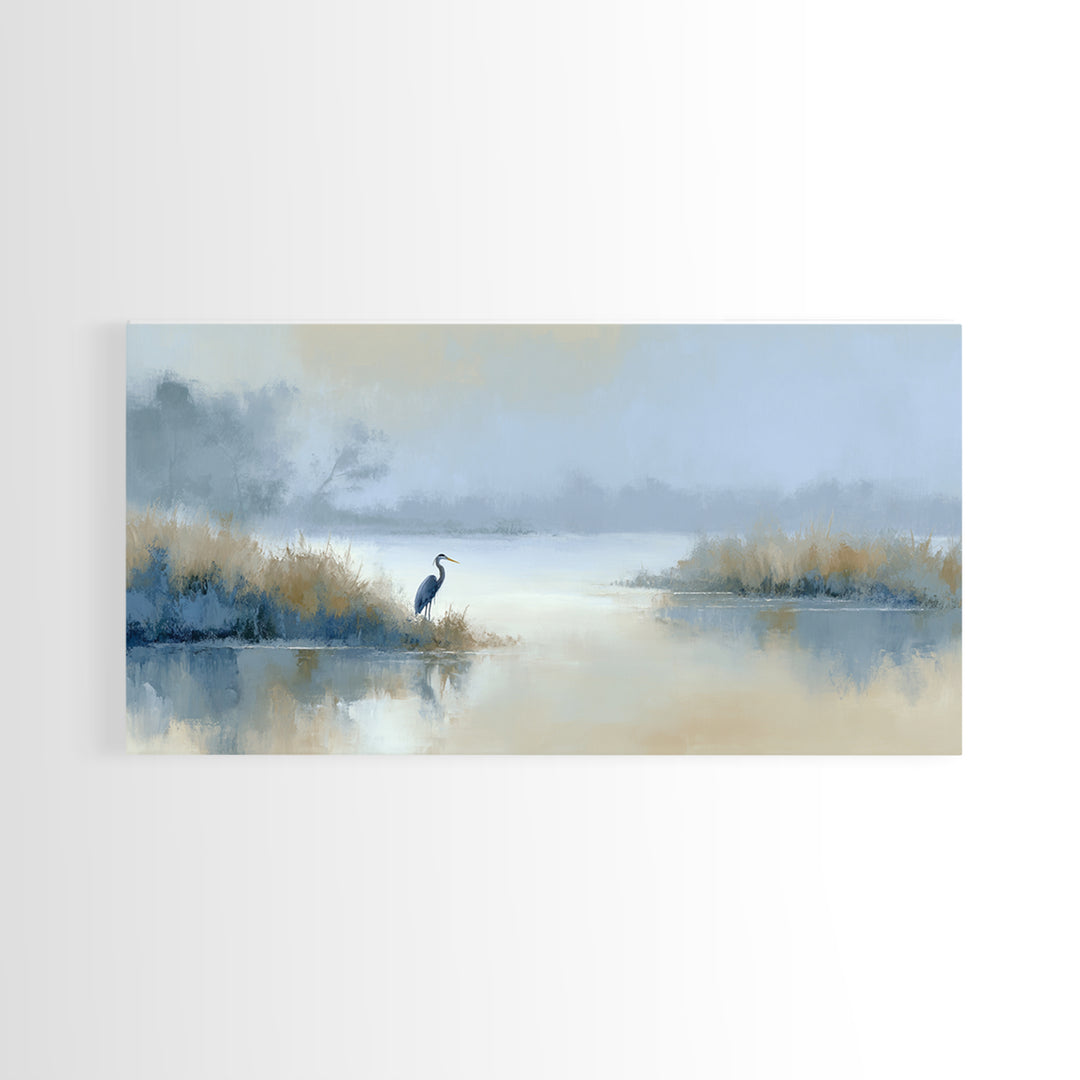 Blue Heron by Calm Marsh Water Framed Canvas Print, Dental Office Art, Tooth Art, Office Decor, Fine Art, Calm, Modern Decor, DOA-2x1-19