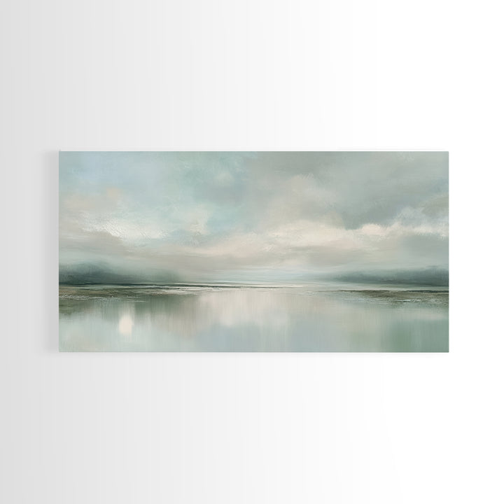 Sunlit Lake with Calming Reflections Framed Canvas Print, Dental Office Art, Boho Decor, Office Decor, Oil Painting, Calm, DOA-2x1-83