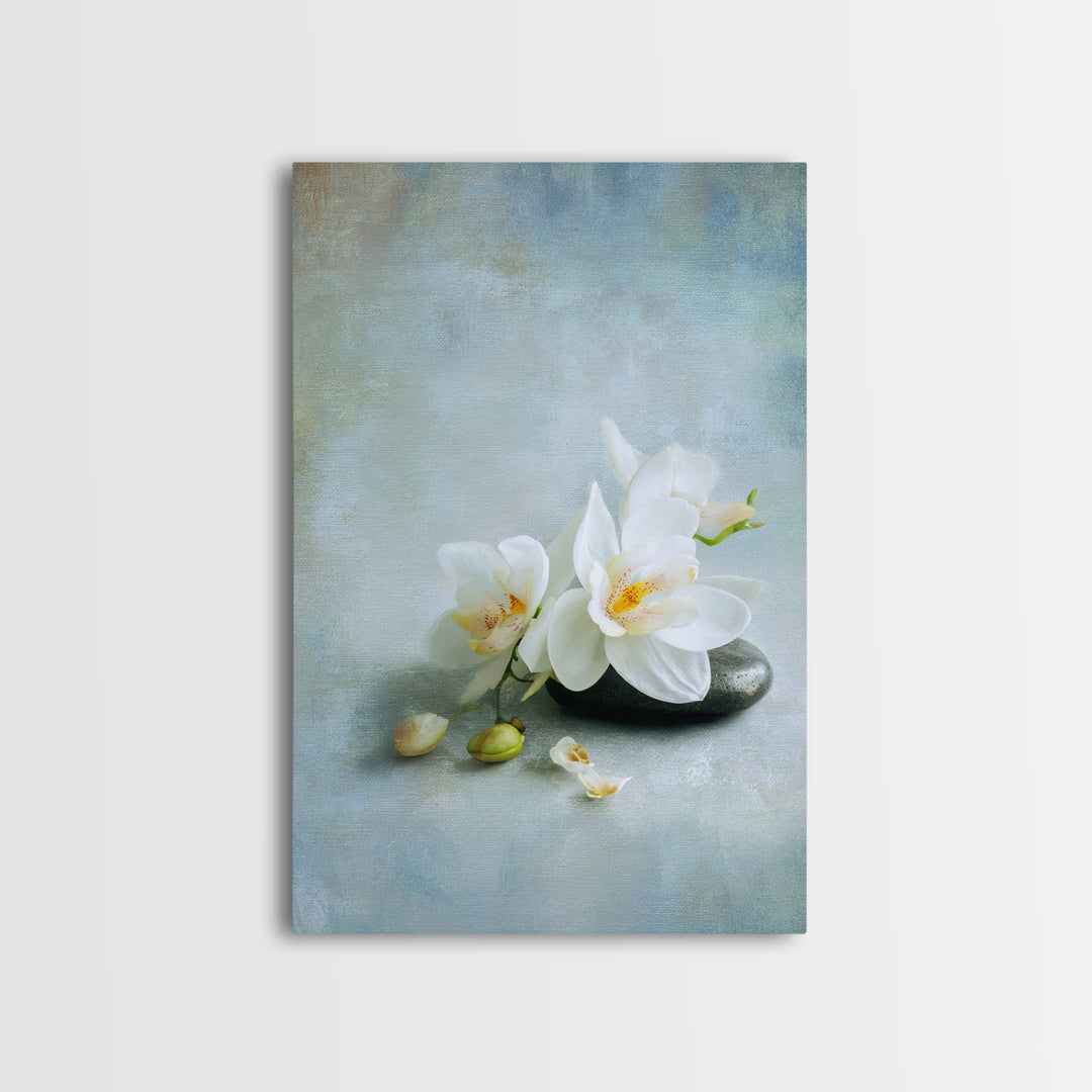 White Orchid on Stone Background Framed Canvas Print, Dental Office Art, Modern Decor, Office Decor, Oil Painting, Calm, DOA-2x3-20