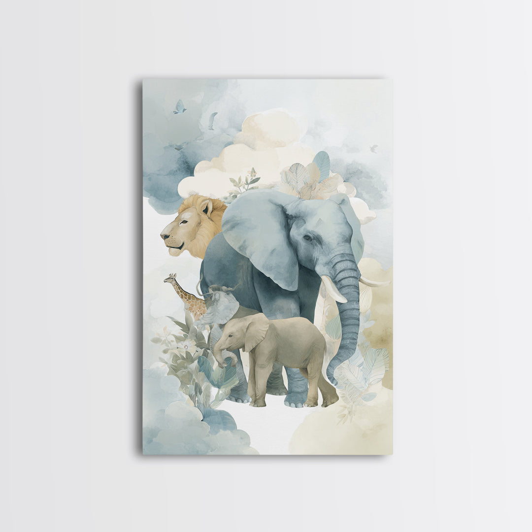 Happy Jungle Animals Framed Canvas Print, Dental Office Art, Textured Painting, Office Decor, Calm, Room Decor Aesthetic, DOA-2x3-94