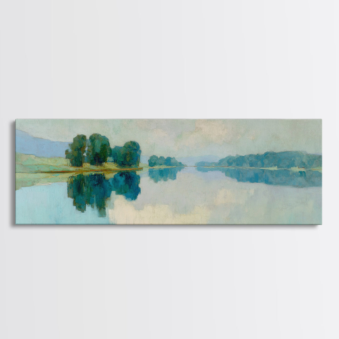 Sunlit Lake with Calming Reflections Framed Canvas Print, Dental Office Art, Boho Decor, Office Decor, Oil Painting, Calm, DOA-3x1-55