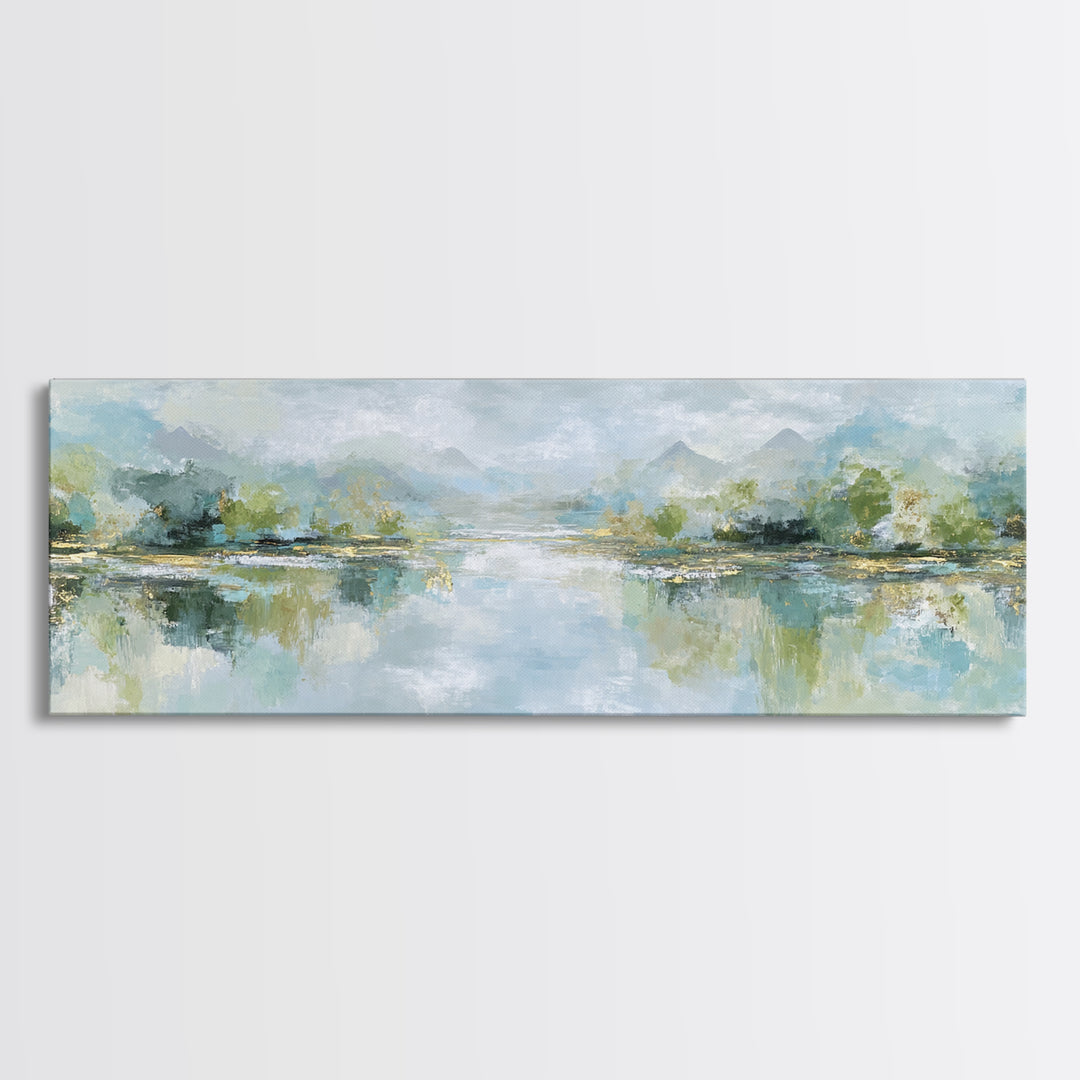Sunlit Lake with Calming Reflections Framed Canvas Print, Dental Office Art, Dental Gift, Office Decor, Watercolor Art, Calm, DOA-3x1-7