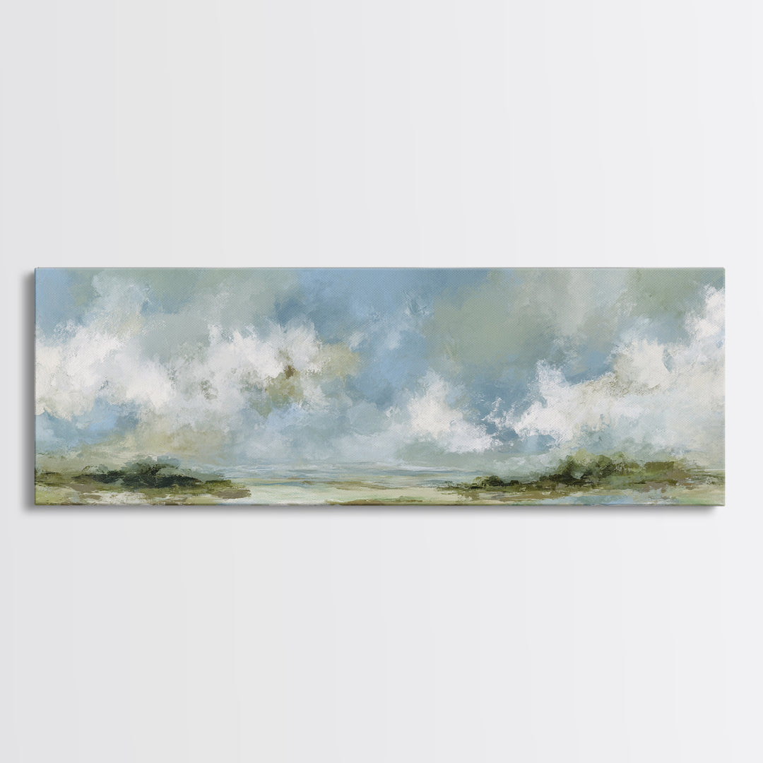 Peaceful Clouds over Open Meadow Framed Canvas Print, Dental Office Art, Dental Wall Art, Office Decor, Oil Painting, Calm, DOA-3x1-73